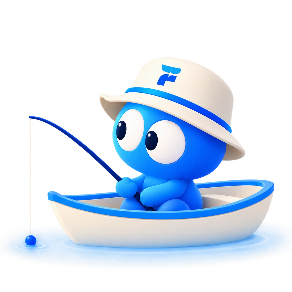 Fisher, a blue character in a fishing boat
